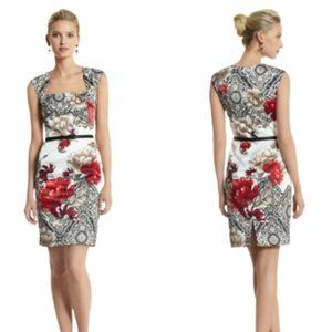 White House Black Market WHBM Peony Floral Print Satin Sheath Dress with Belt